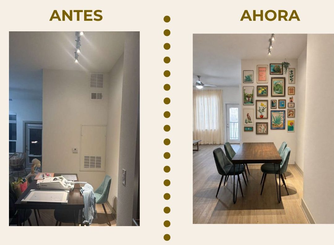 El mismo comedor antes y ahora: a la izquierda, con la mesa desordenada y la pared vacía; a la derecha, despejado y con una pared de cuadros enmarcados
